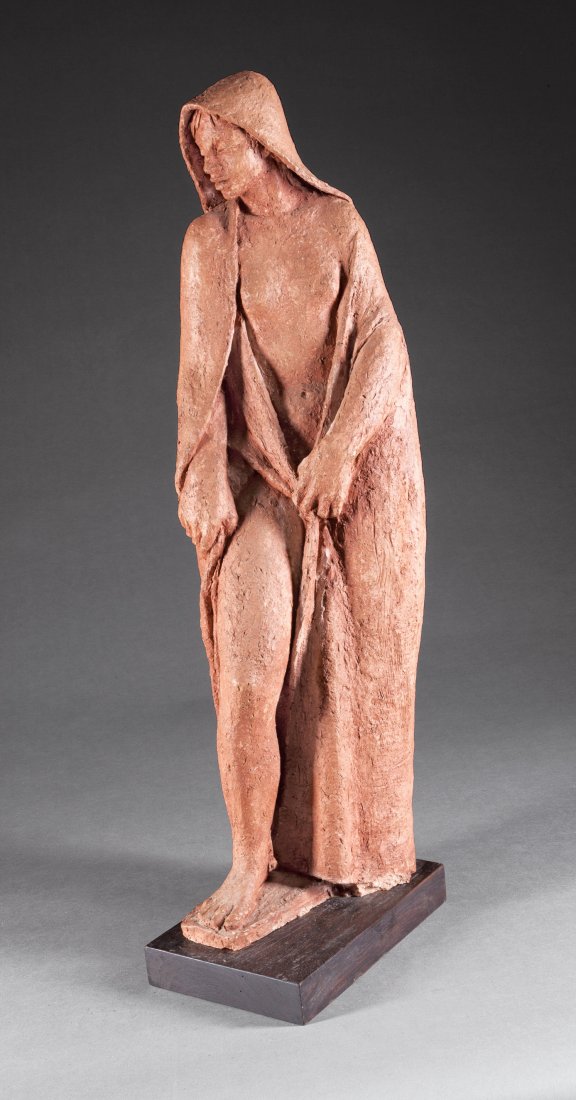 Enrique Alferez (Mexican/New Orleans, 1901-1999): Enrique Alferez (American/New Orleans, 1901 1995), "Cloaked Woman", terracotta, unsigned, h. 29 in., hardwood base. Provenance: Acquired from the artist; thence by descent. Note: Enrique Alferez was a
