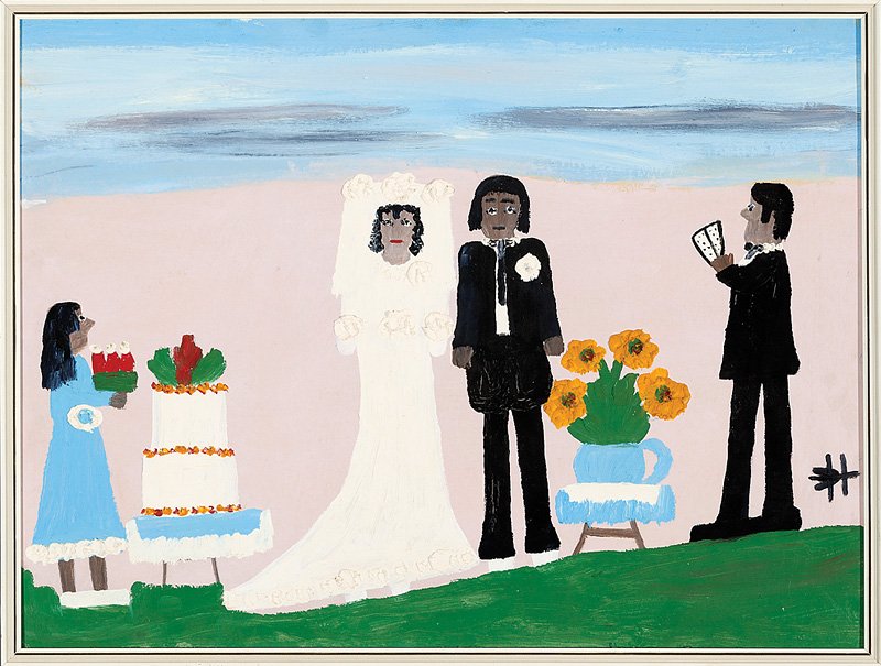 Clementine Hunter (American/Louisiana, 1886-1988): Clementine Hunter (American/Louisiana, 1886-1988), "The Wedding", oil on board, monogrammed lower right, 18 in. x 24 in., framed. Provenance: John Hampton "J. H." Henry, Jr. (1897-1969), Natchitoches,