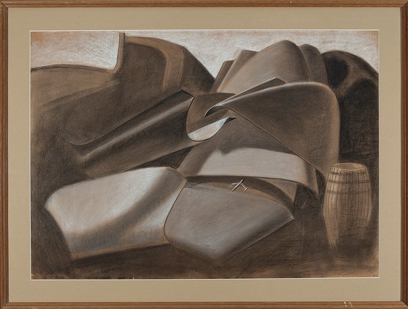 Enrique Alferez (Mexican/New Orleans, 1901-1999): Enrique Alferez (Mexican/New Orleans, 1901-1999), "Mountainous Landscape with Aircraft", pastel and graphite on paper, unsigned, sight 25 1/4 in. x 35 1/4 in., framed. Provenance: Acquired from the ar