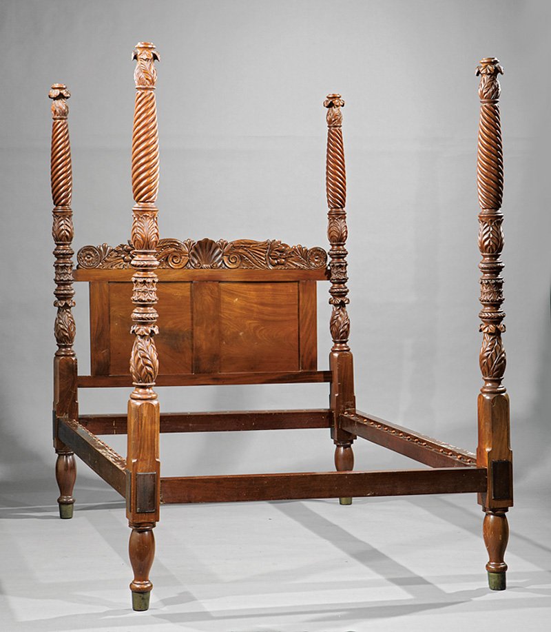 American Classical Carved Mahogany Poster Bed: American Classical Carved Mahogany Poster Bed, c. 1830, Philadelphia, carved cornucopia and shell crest, paneled headboard, spiral-turned posts with tobacco leaves, turned feet, brass cuffs, h. 87 in.