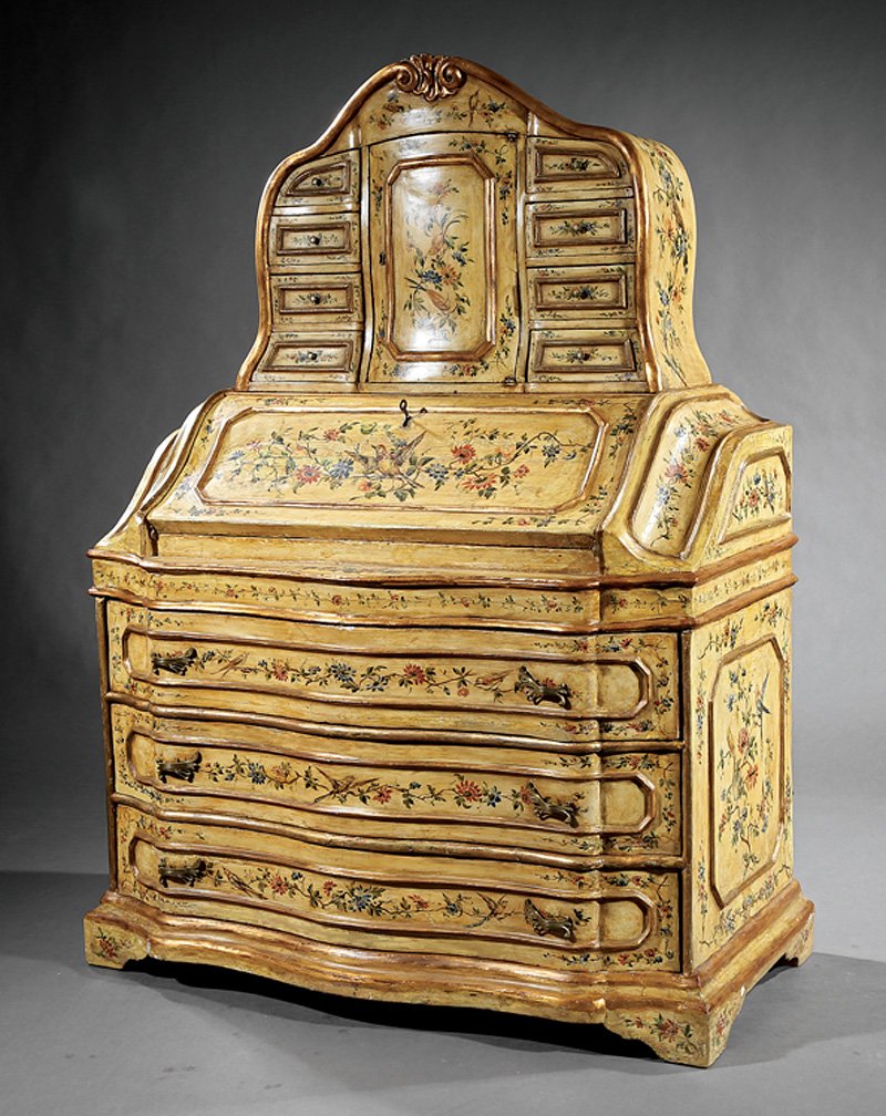 Venetian Rococo Creme Peinte Secretaire: Venetian Rococo Creme Peinte Secretaire, 18th/19th c., shell-carved crest, small drawers flanking central cupboard, slant front lid, fitted interior, serpentine base with three drawers, conforming bra