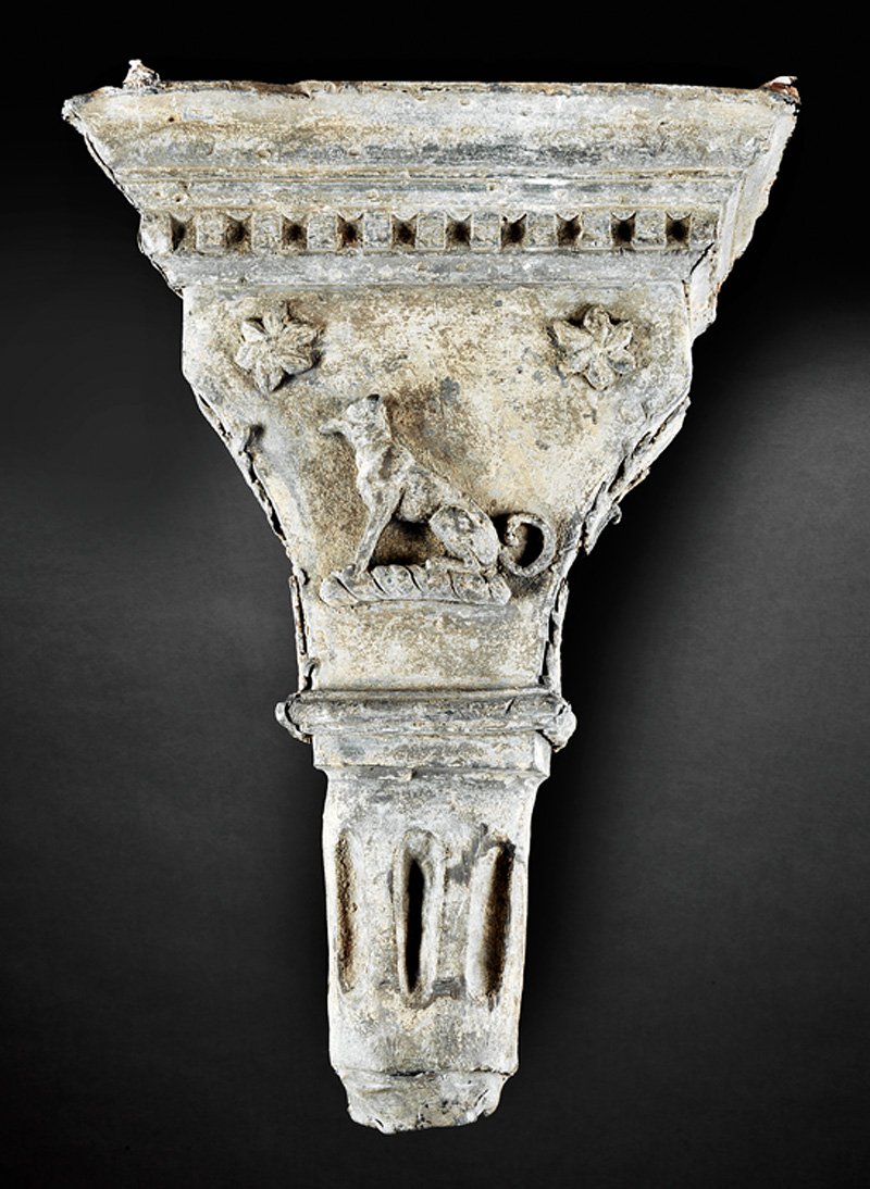 George III Lead Downspout: George III Lead Downspout, late 18th c., with hound armorial, applied foliate moldings, fluted base, h. 25 in., w. 17 1/2 in., d. 7 in