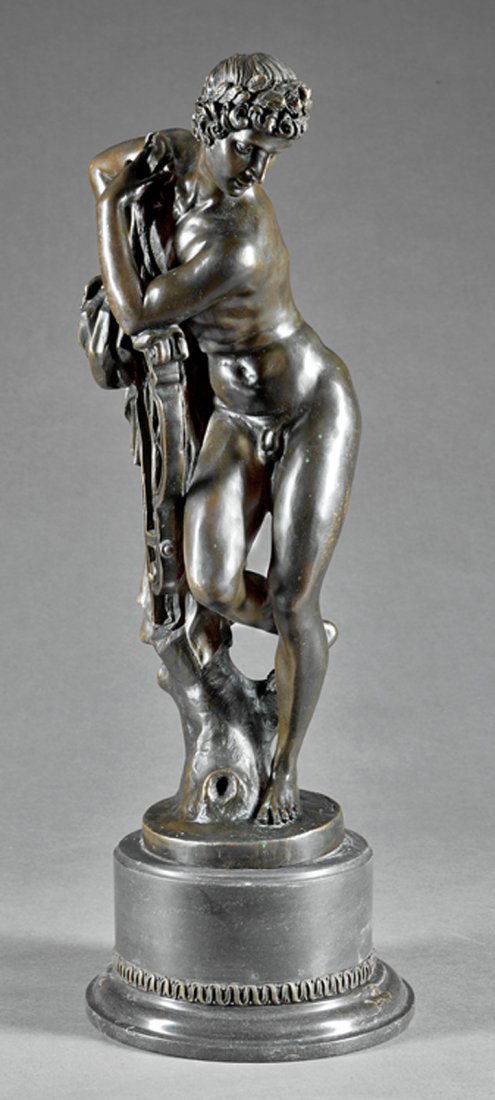 Italian Bronze Figure of Apollo: Italian Bronze Figure of Apollo, 19th c., after 1572/76 original by Giambologna in the Studiolo Francesco I de' Medici, Palazzo Vecchio, inscribed "Giambologna" on self base, h. 19 1/2 in., bronze and
