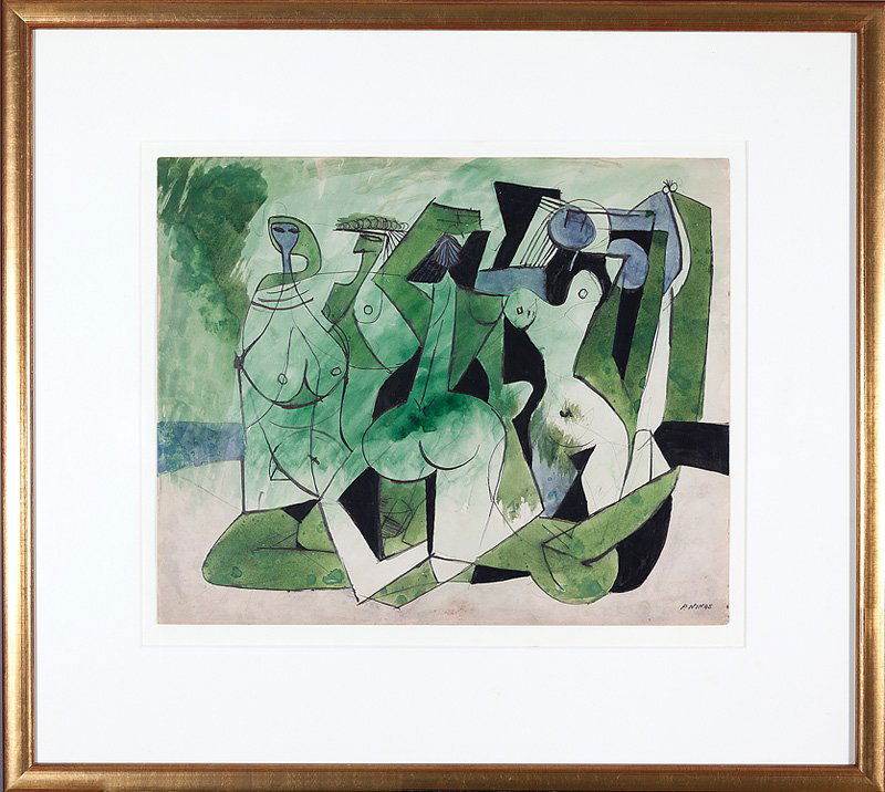 Paul Ninas (American/New Orleans, 1903-1964): Paul Ninas (American/New Orleans, 1903-1964), "Abstracted Female Nudes", watercolor on paper, signed lower right, 13 3/4 in. x 17 in., framed