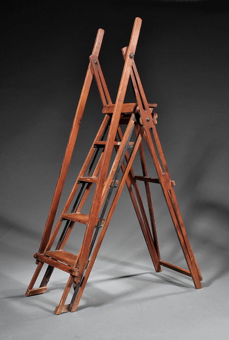 English Model Library Ladder: Antique English Model Library Ladder, c. 1900, h. 31 1/4 in., w. 8 1/2 in., d. 19 1/2 in. Provenance: Susan Silver Antiques, Sheffield, MA