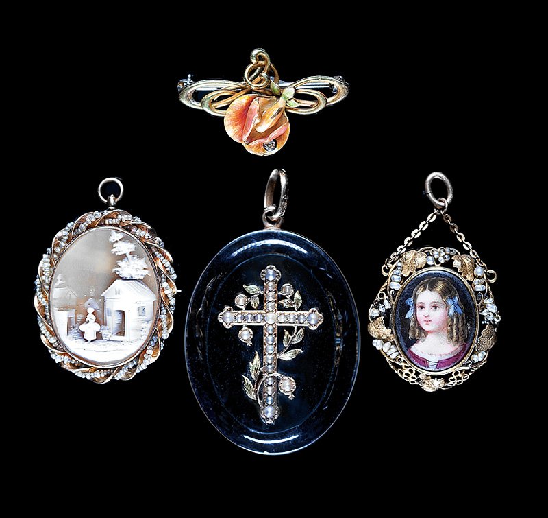 Group of Fourand Vintage Pins: Group of Four Antique and Vintage Pins, incl. black onyx and seed pearl, c. 1880; shell cameo (worn); Art Nouveau enameled flower watch pin; and portrait miniature