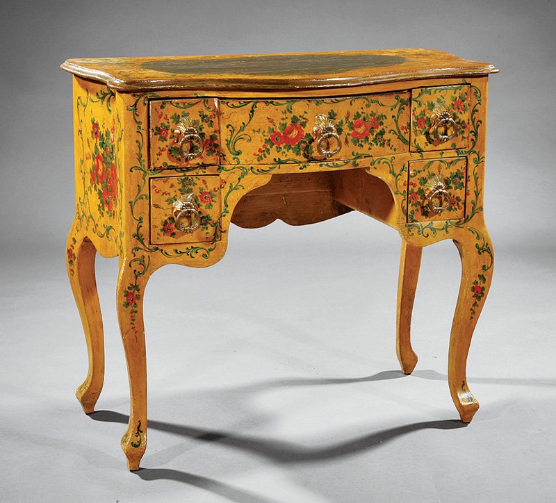 Venetian Rococo-Style Polychromed Dressing Table: Antique Venetian Rococo-Style Polychromed Dressing Table, serpentine top, faux marbre reserve, kneehole configuration of drawers, cabriole legs, h. 30 in., w. 35 1/2 in., d. 16 in