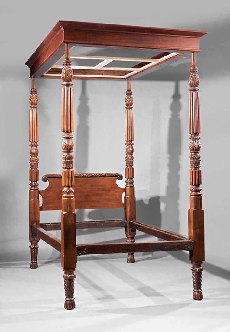 American Classical Carved Mahogany Tester Bed: American Classical Carved Mahogany Tester Bed, c. 1840, possibly Baltimore, later tester, robust pineapple, reeded and acanthus-carved posts, shaped headboard with acanthus-carved scrolled crest, plai