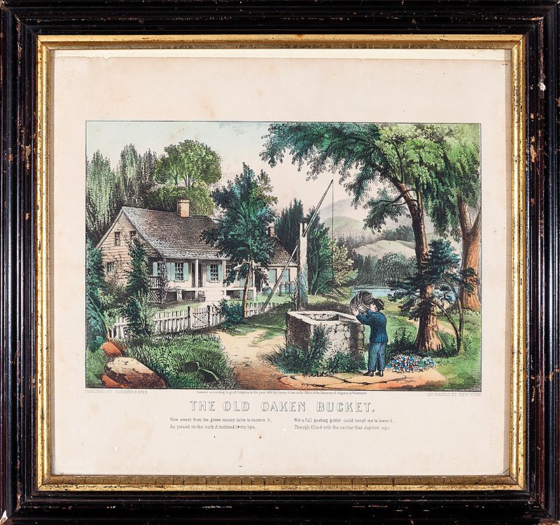 Currier and Ives/Publishers: Currier and Ives/Publishers, "Gold Mining in California" and "The Old Oaken Bucket", 1871 and 1872, 2 hand-colored lithographs, small folio, sights 13 1/2 in. x 14 1/2 in., framed alike