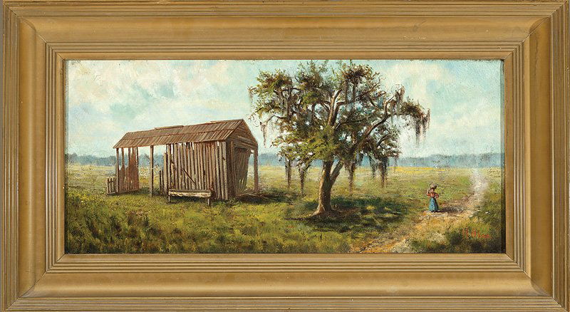 Dr. Helena Maas (American/New Orleans): Dr. Helena Maas (American/New Orleans, late 19th c.), "Woman with a Basket by the Old Barn and Live Oak Tree", oil on canvas, signed lower right, "H.C.F. Kock & Co., Pictures and Picture Frames, New Y