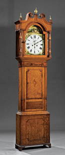 Inlaid Mahogany and Oak Tall Case Clock: Late Georgian Inlaid Mahogany and Oak Tall Case Clock, early 19th c., dial signed "Peter Booth, Dukenfield", with a scene of a hunter and his dogs, broken arch bonnet top, pendulum door with bird inla