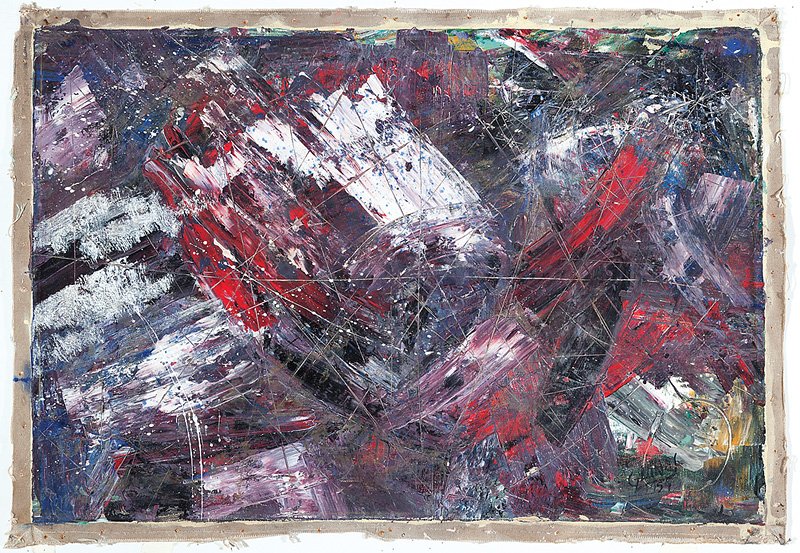 Guido Llinás (Cuban/French, 1919-1999): Guido Llinás (Cuban/French, 1919-1999), "Abstraction", 1959, oil on canvas, signed and dated lower right, signed and dedicated en verso, image 19 in. x 27 3/4 in., unstretched