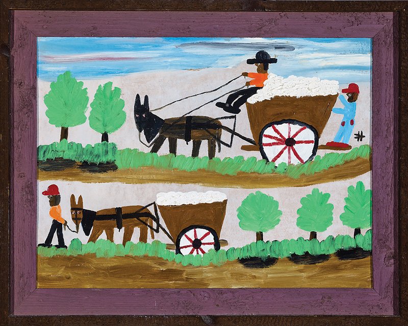 Clementine Hunter (American/Louisiana, 1886-1988): Clementine Hunter (American/Louisiana, 1886-1988), "Hauling Cotton", oil on artist board, monogrammed mid-right and en verso, 18 in. x 24 in., framed; together with B.A. Cohen (American/Mississippi, 2