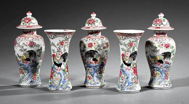 Chinese Export-Style Famille Rose Garniture: Five Piece Chinese Export-Style Famille Rose Porcelain Mantel Garniture, late 19th/early 20th c., decorated with roosters amid rockwork and flowers, incl. 3 covered baluster jars, h. 6 1/8 in. and 2 f