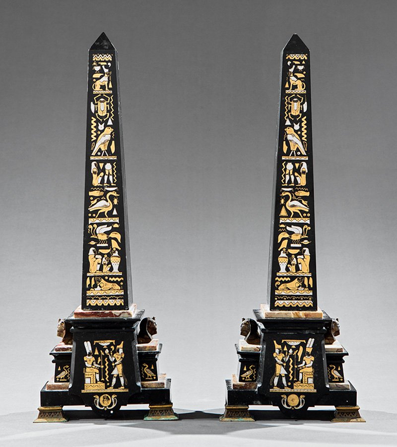 Continental Bronze-Mounted Marble Obelisks: Pair of Continental Bronze-Mounted Marble Obelisks in the Egyptian Taste, c. 1900, with incised gilt and silvered hieroglyphics, h. 20 1/2 in., w. 7 3/4 in., d. 4 in
