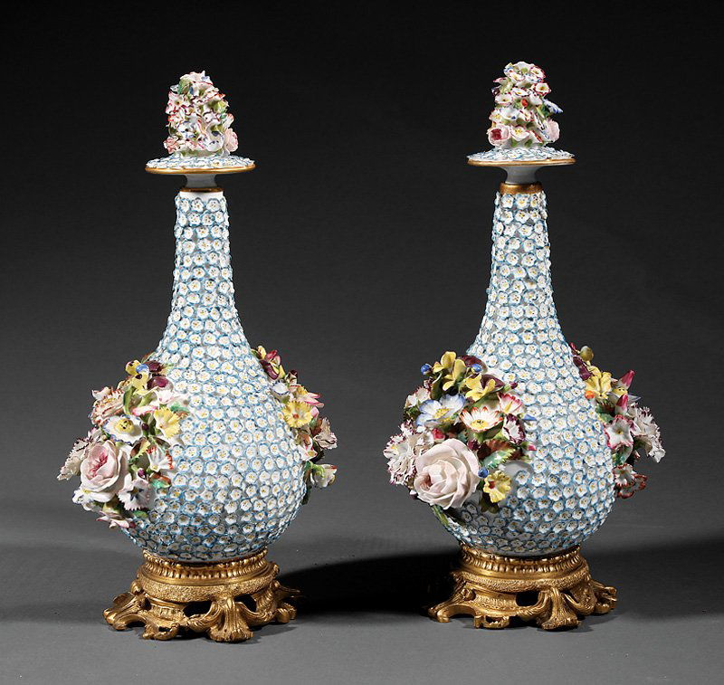 Jacob Petit Schneeballen Porcelain Bottle Vases: Pair of Gilt Bronze-Mounted Jacob Petit Schneeballen Porcelain Covered Bottle Vases, 19th c., JP mark, with applied bouquets on flower encrusted grounds, bronze scrollwork bases, h. 11 3/4 in