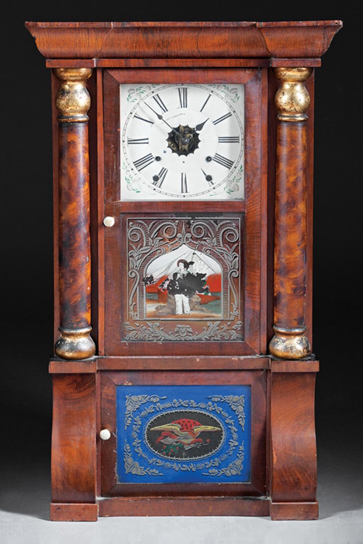 American Walnut Eight-Day Shelf Clock: American Walnut Eight-Day Shelf Clock, c. 1830, retains paper label of "Wm. L. Gilbert & Co., Winsted, Conn.", painted dial, eglomise tablets of a sailor and eagle, h. 32 1/2 in., w. 16 1/2 in., d. 5 
