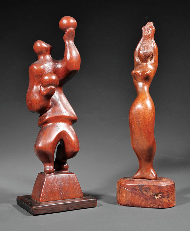 Nat Werner (American/New York, 1908-1991): Nat Werner (American/New York, 1908-1991), "Dancing Woman" and "Man Playing Ball", pair of carved wood sculptures, each with incised signature, h. 16 1/2 in