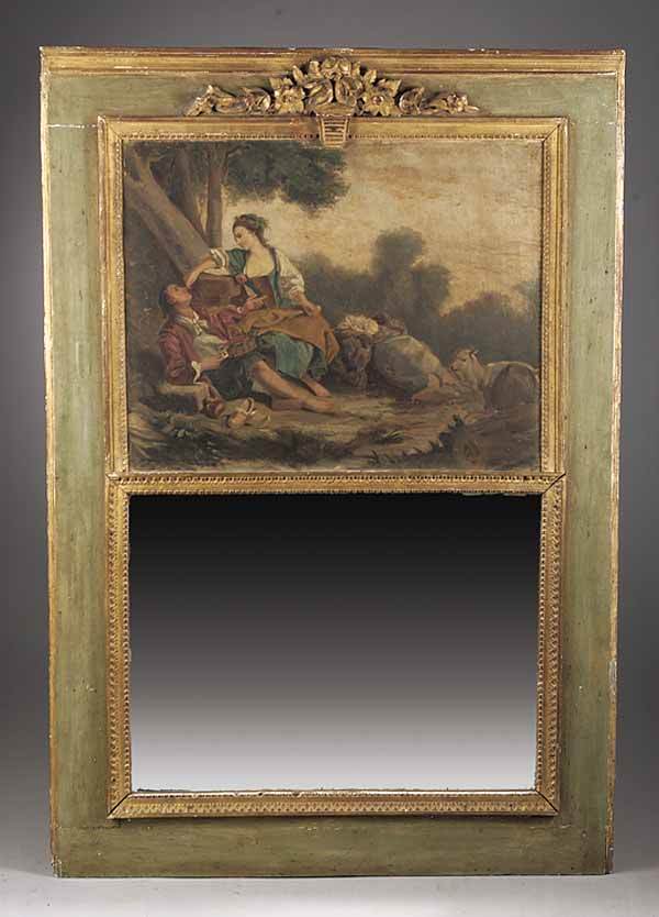 Antique Louis XVI-Style Painted and Gilt Trummeau: An Antique Louis XVI-Style Painted and Gilt Trumeau Mirror , 19th c., with oil on canvas of a courting couple, the reverse with stenciled stamp of "Haro Fils, Paris"; the frame with gilt beaded moldin