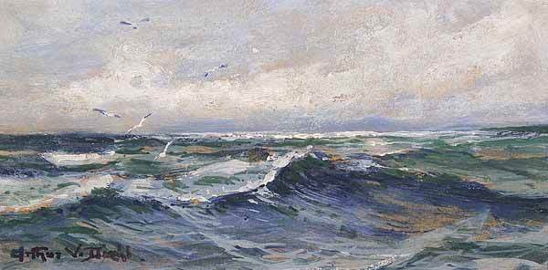 Arthur Vidal Diehl, American, Seascape, oil: Arthur Vidal Diehl (American, 1870-1929) , "Seascape", oil on board, signed lower left, 5 in. x 10 in., in a period frame * NO RETURNS ARE ACCEPTED ON THE BASIS OF CONDITION * PLEASE READ ALL SPECIFIC