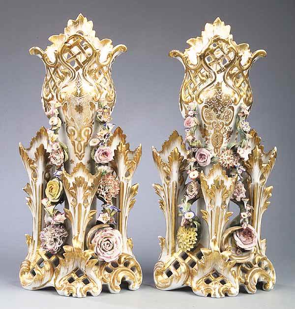 Pair of Vieux Paris Porcelain Vases, Jacob Petit,: A Good Pair of Vieux Paris Porcelain Vases , c. 1860, by Jacob Petit, marked "JP" in underglaze blue, with a reticulated rim and each incorporating three smaller flare vases, heavily gilt and with pol