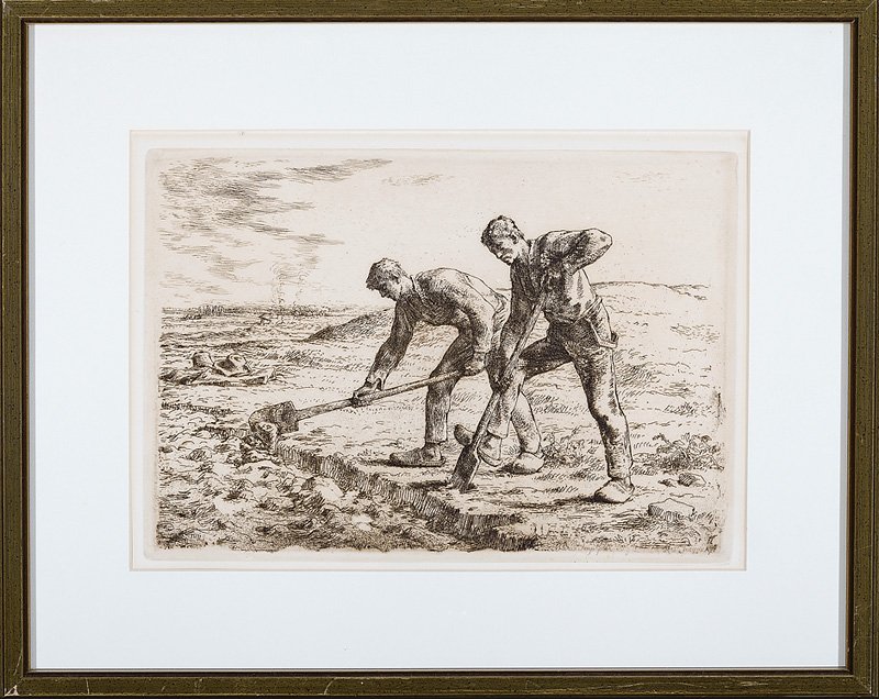 Jean Francois Millet (French, 1814-1875): Jean Francois Millet (French, 1814-1875), "Les Becheurs (The Diggers)", c. 1856, etching, fleur-de-lis watermark in cartouche, probably state IV, plate 9 1/4 in. x 13 1/4 in., sheet 10 1/4 in. x 15 1/