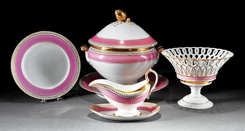 Ginori Porcelain Dinner Service: Extensive Ginori Porcelain Dinner Service, 19th c., rose Pompadour borders with gilt accents, incl. 11 salad, 10 soup plates, 31 dinner plates, covered soup tureen, 2 circular platters, compote, corbe