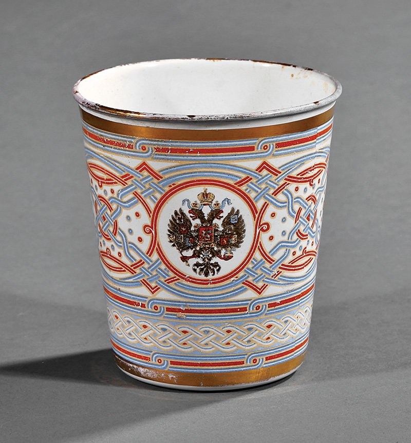 Nicholas II Enameled Metal Coronation Cup: Nicholas II Enameled Metal Coronation Cup, c. 1896, with geometric motif, Imperial Russian crest, and cypher of Nicholas II, h. 4 1/8 in