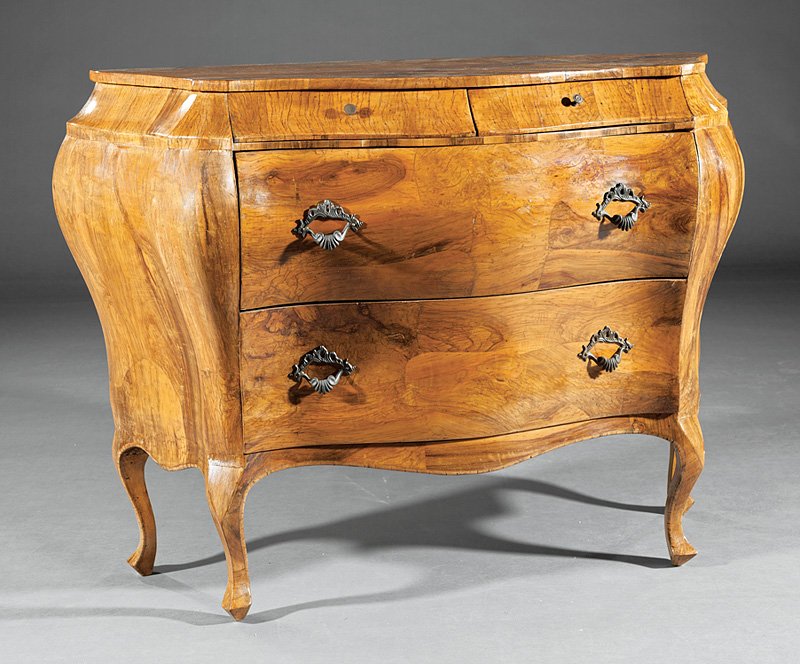 Rococo-Style Figured Olivewood Bombe Commodes: Pair of Italian Rococo-Style Figured Olivewood Bombe Commodes, each with serpentine top, conforming case, two short over two long drawers, cabriole legs, h. 31 3/4 in., w. 45 1/4 in., d. 16 in