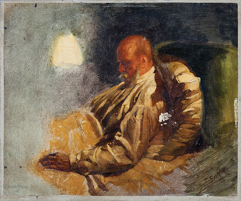 Franz Xaver Simm (Austrian, 1853-1918): Franz Xaver Simm (Austrian, 1853-1918), "Kaiser Wilhelm on his Deathbed", oil on cardboard, signed lower right, handwritten title, inscription in German and artist's estate stamp en verso, 8 5/8 in. x