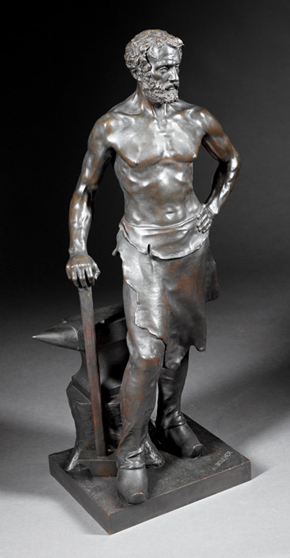 Continental Bronze Figure of a "Foundryman": Continental Bronze Figure of a "Foundryman", c. 1900, after Alfred Boucher (French, 1850-1934), inscribed "A. Boucher", on self-base, foundry mark of "Siot", h. 30 1/2 in. Provenance: The Service Coll