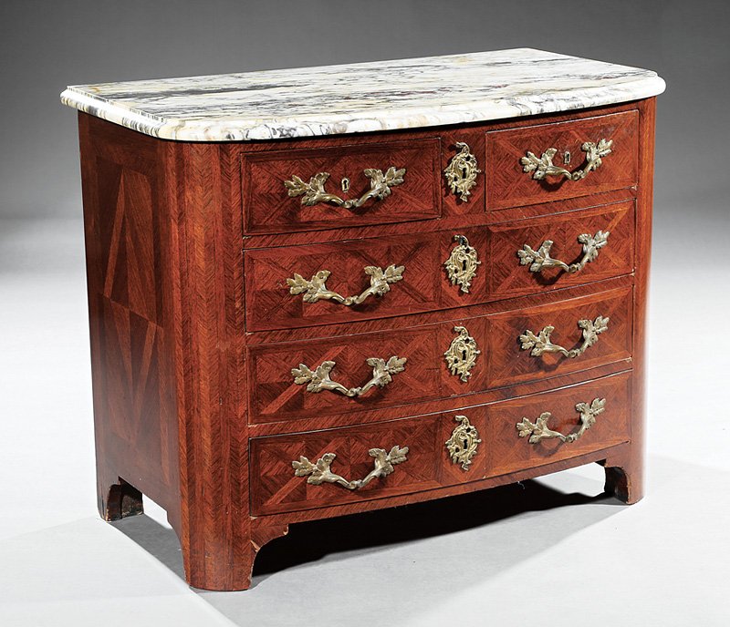 Parquetry Gilt Bronze-Mounted Mahogany Commode: Regence-Style Parquetry and Gilt Bronze-Mounted Mahogany Commode, marble top, two short over three long drawers, bracket feet, h. 32 1/2 in., w. 40 1/2 in., d. 22 3/4 in