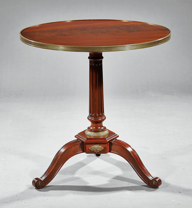 Louis Philippe Bronze-Mounted Mahogany Tea Table: Louis Philippe Bronze-Mounted Mahogany Tea Table, circular brass-banded top, fluted standard, hexagonal plinth, cyma-curved legs, h. 26 3/4 in., dia. 26 1/4 in
