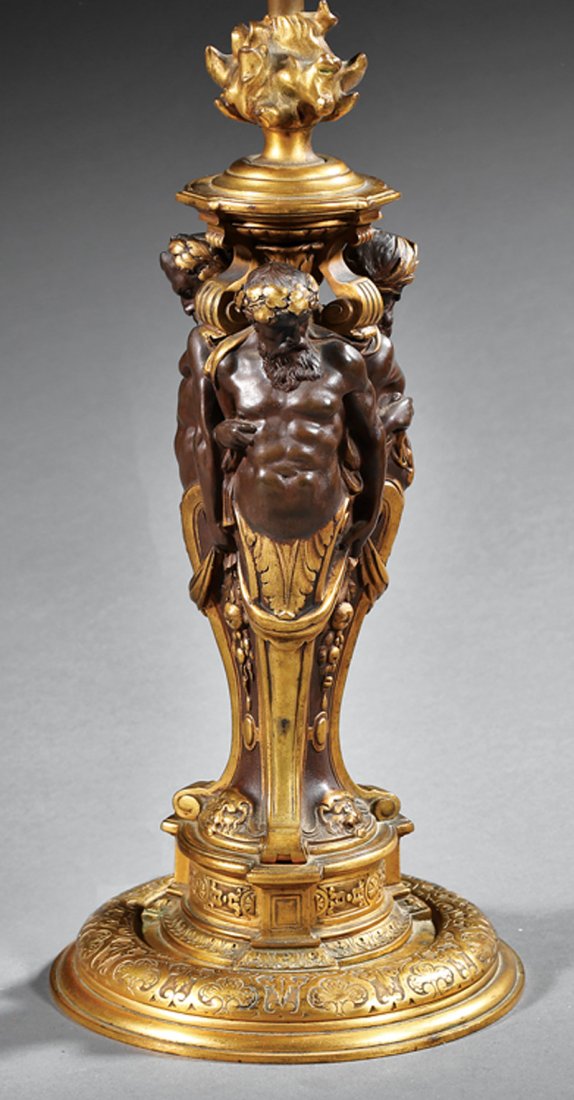 French Patinated and Gilt Bronze Lamp: French Patinated and Gilt Bronze Lamp, late 19th c., standard with three male herm figures, h. (to finial) 14 1/2 in