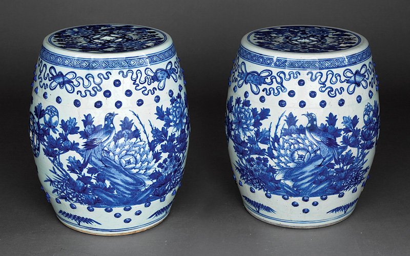 Chinese Blue and White Porcelain Garden Seats: Pair of Chinese Blue and White Porcelain Garden Seats, 20th c., drum-form bodies with pierced cash symbols and raised bosses, decorated with birds, flowers and Buddhist emblems, h. 17 3/4 in