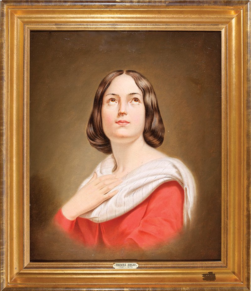 Attributed to Thomas Sully (American, 1783-1872): Attributed to Thomas Sully (American, 1783-1872), "A Young Woman in a Moment of Divine Inspiration", mid-19th c., oil on canvas, signed with monogram initials "T.S." en verso, 24 in. x 20 in., frame w