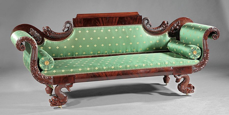 American Classical Carved Mahogany Sofa: Fine American Classical Carved Mahogany Sofa, early 19th c., New York, tablet crest, flanked by scrolled dolphin and acanthus, out scrolled foliate arms ending in rosettes, torus-molded apron, dolphin