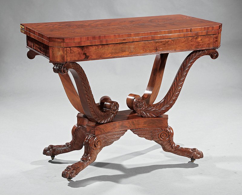 Mahogany Games Table, possb. Allison: American Classical Mahogany Games Table, c. 1830, possibly Michael Allison, New York, foldover top with canted corners, scrolled foliate supports ending in rosettes, incurvate plinth, bracketed hairy 