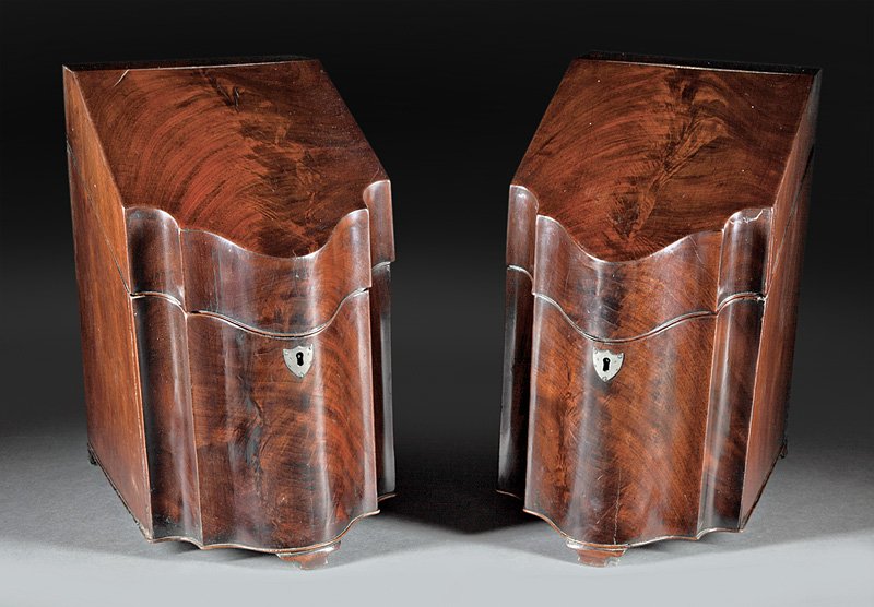 George III Mahogany Serpentine Knife Boxes: Pair of George III Mahogany Serpentine Knife Boxes, late 18th c., silvered brass escutcheons, retains fitted interiors, h. 15 1/4 in., w. 8 7/8 in., d. 13 in. Provenance: Historic "Sally Mill", Middle