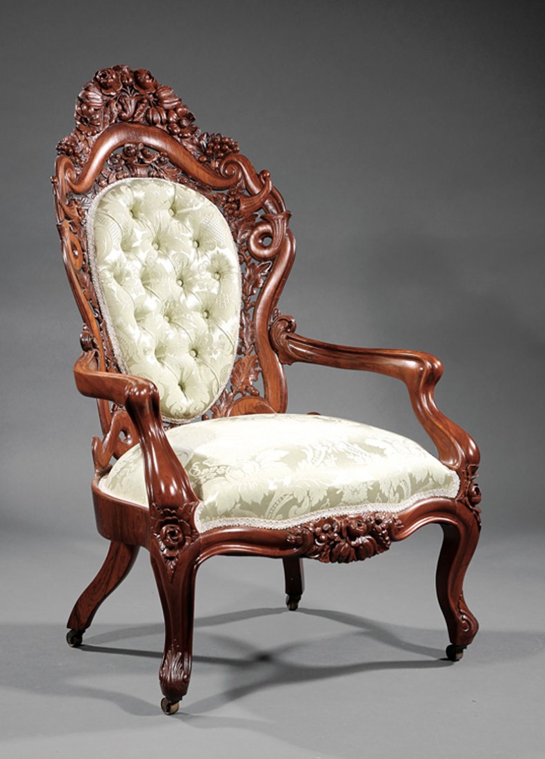 Rosewood Lady's Armchair, attr. Belter: American Rococo Carved and Laminated Rosewood Lady's Armchair, c. 1850-1860, attr. to John Henry Belter, New York, in the "Fountain Elms" pattern, floral crest, reticulated and scrolled foliate back,