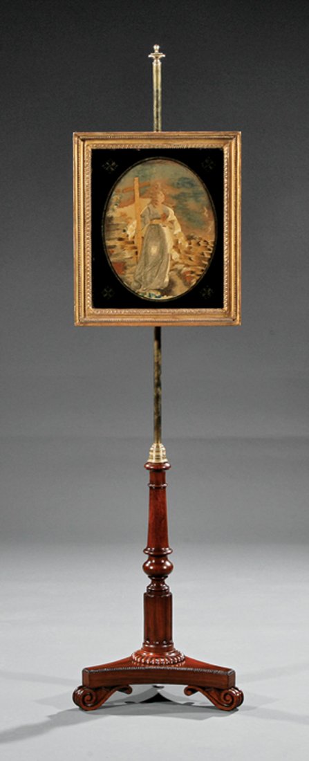 Rosewood, Eglomise, Needlepoint Pole Screen: Regency Rosewood, Eglomise and Needlepoint Pole Screen, early 19th c., adjustable giltwood and eglomise framed needlepoint on a brass rod, turned standard, incurvate triangular plinth, scroll feet, h.