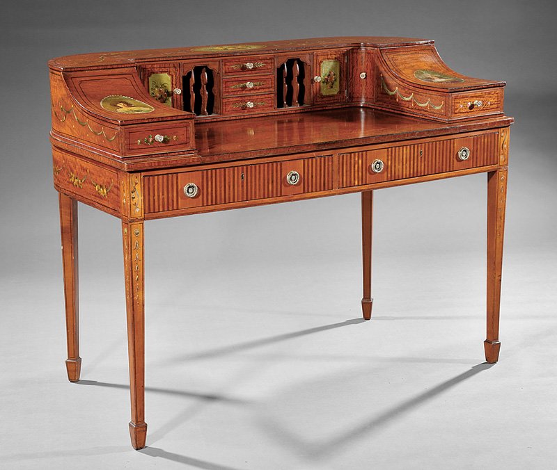 Painted and Inlaid Satinwood Carlton House Desk: Edwardian Painted and Inlaid Satinwood Carlton House Desk, late 19th c., fitted superstructure, decorated with portrait medallions and floral swags, writing slide, frieze drawers, square tapered legs,
