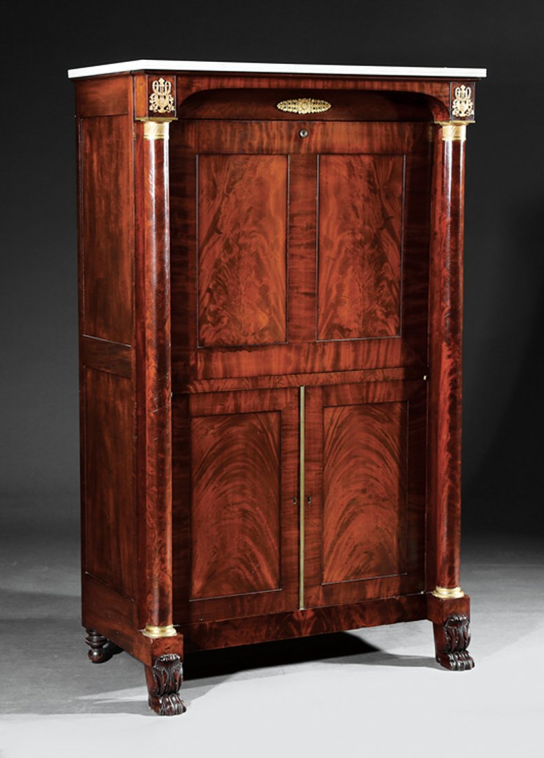 Mahogany Sécrétaire à Abattant, attr. Phyfe: "Important American Classical Ormolu-Mounted Rosewood and Mahogany Sécrétaire à Abattant, c. 1815, attr. to Duncan Phyfe, New York, marble top, arched frieze, bookmatched fall-front lid with baize-