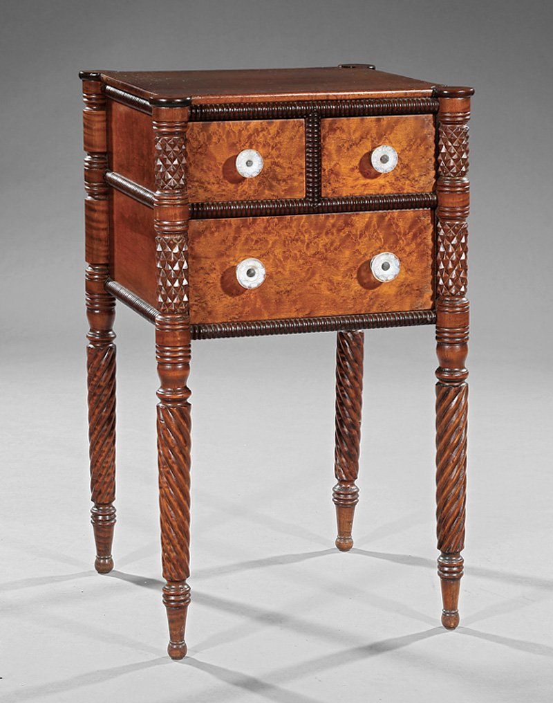 American Carved Birdseye Maple Work Table: American Sheraton Carved Birdseye Maple Work Table, mid-19th c., top with turreted corners, two short over one long drawer, ripple molding, ring and spiral-turned legs, tapered feet, h. 29 in., w. 17 