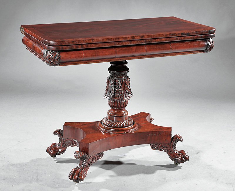 Carved Mahogany Games Table, attr. Quervelle: "American Classical Carved Mahogany Games Table, c. 1830, attr. to Anthony Quervelle, Philadelphia, crossbanded foldover top, torus-molded frieze with rosette corners, acanthus-carved baluster standar