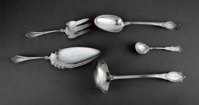 American Sterling Silver Flatware Serving Pieces: Good Group of American Renaissance Sterling Silver Flatware Serving Pieces, incl. dressing spoon and soup ladle, "Diamond" pattern, pat. 1867, John Polhemus, New York, act.1833-1874, ret. Ford & Tuppe