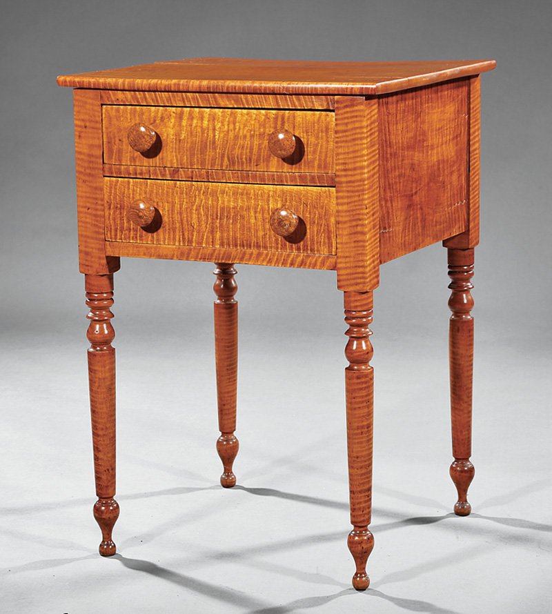 American Late Federal Tiger Maple Work Table: American Late Federal Tiger Maple Work Table, c. 1830, two drawers, turned and tapered legs, button feet, h. 29 3/4 in., w. 20 3/4 in., d. 19 3/4 in. Provenance: The Service Collection, Estate of Gran