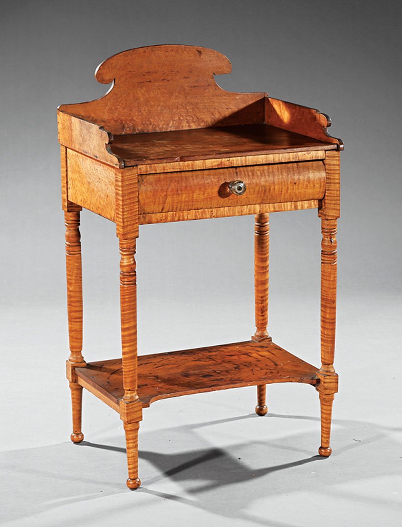American Sheraton Tiger Maple Washstand: American Sheraton Tiger Maple Washstand, mid-19th c., scrolled gallery, torus-molded frieze drawer, ring-turned legs, stretcher shelf, button feet, h. 36 1/4 in., w. 20 3/4 in., d. 15 1/4 in