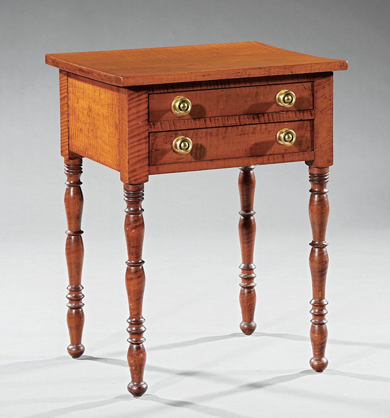 American Sheraton Tiger Maple Work Table: American Sheraton Tiger Maple Work Table, early 19th c., two drawers, ring and vase turned legs, h. 29 in., w. 22 in., d. 18 in