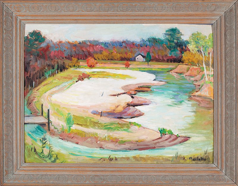 Marie Atkinson Hull (American/Mississippi, 1890): Marie Atkinson Hull (American/Mississippi, 1890-1980), "Pearl River Sandbar", oil on canvas board, signed lower right, signed, titled and inscribed "825 Belhaven St., Jackson, Miss." en verso, 18 in. 